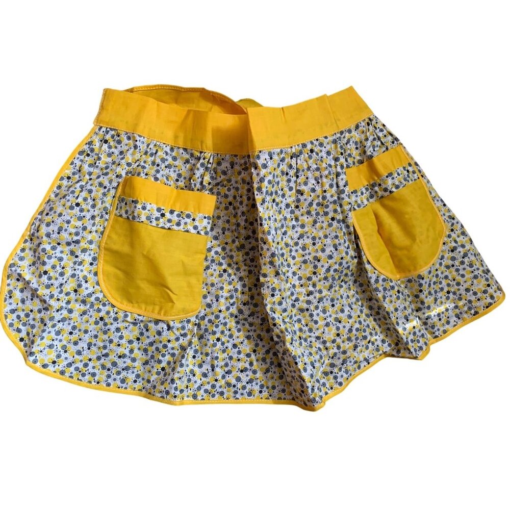 Yellow Apron Floral Pattern Pockets Retro Kitchen Tie Waist Cotton Vtg